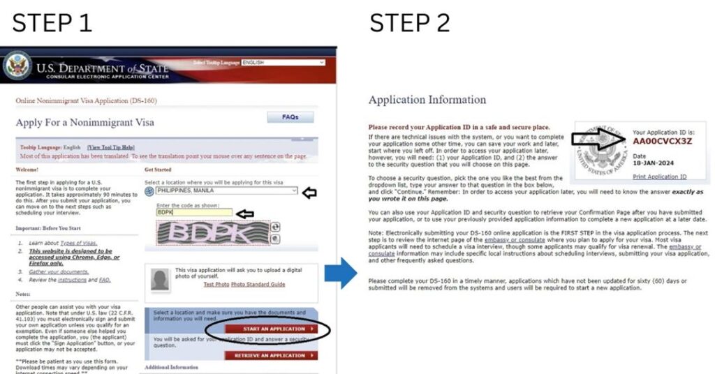 screenshot photos on how to apply for US tourist visa for Filipino with texts Step 1 and Step 2