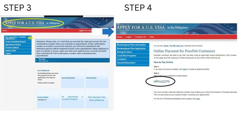 screenshot photos on how to apply for US tourist visa for Filipino with texts Step 3 and Step 4
