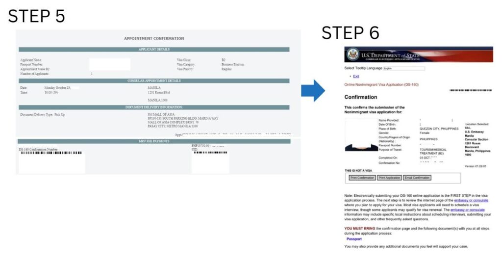 screenshot photos on how to apply for US tourist visa for Filipino with texts Step 5 and Step 6