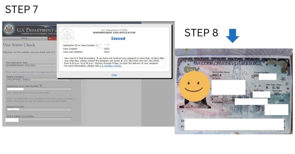 screenshot photos on how to apply for US tourist visa for Filipino with texts Step 7 and Step 8