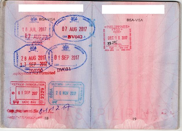 a photo of the old Philippines passport page, with visa stamps from Vietnam and Cambodia - visa-free countries for Filipinos