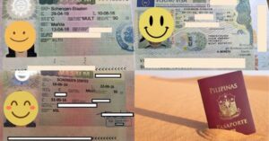 3 photos of Schengen tourist visas on top left, bottom left, top right. A fourth photo on the bottom right showing a philippines passport on a sand - Schengen Visa For Filipinos