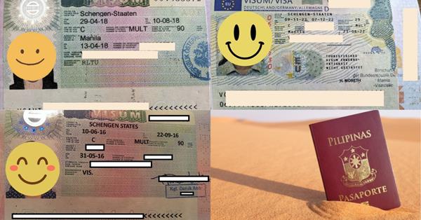 3 photos of Schengen tourist visas on top left, bottom left, top right. A fourth photo on the bottom right showing a philippines passport on a sand - Schengen Visa For Filipinos