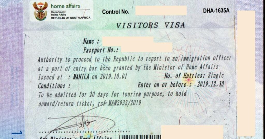 a photo of South Africa visa for Filipino - visa sticker