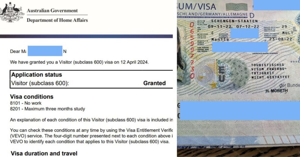 2 photos - on the left is the grant letter for Australia visa. On the right is a Schengen visa from Germany - How To Make Your Passport Strong - Philippines