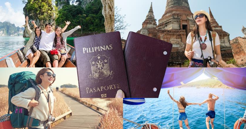 4 images - top left is three people on a boat. Top right is a woman holding a camera. Bottom right are two people jumping into the ocean. Bottom left is a woman carrying her hiking backpack. In the middle two philippines passports - How To Make Your Passport Strong