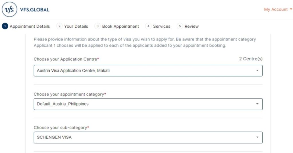 a screenshot on how to book an appointment with VFS